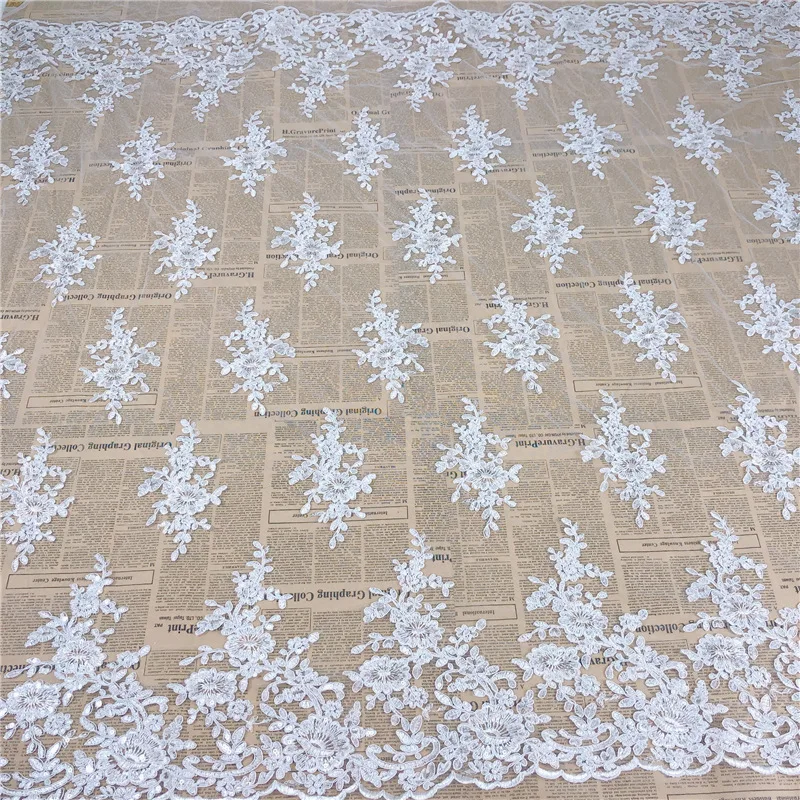 White Embroidery Sequin Beaded Lace Fabric for Evening Gown