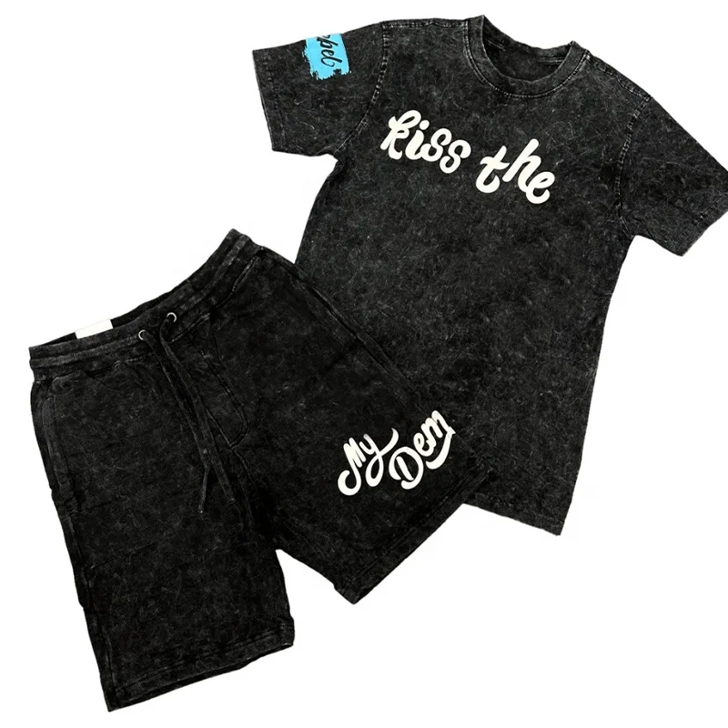 KY Acid Wash Summer Custom Graphic Tshirt Clothing Manufacturers Custom Tshirts NEW  Tshirt and Shorts Set Men