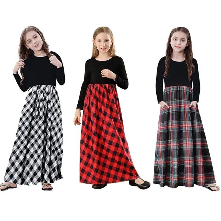 Платье макси для девочек детское повседневное клетчатое платье в клетку с длинным рукавом и карманом