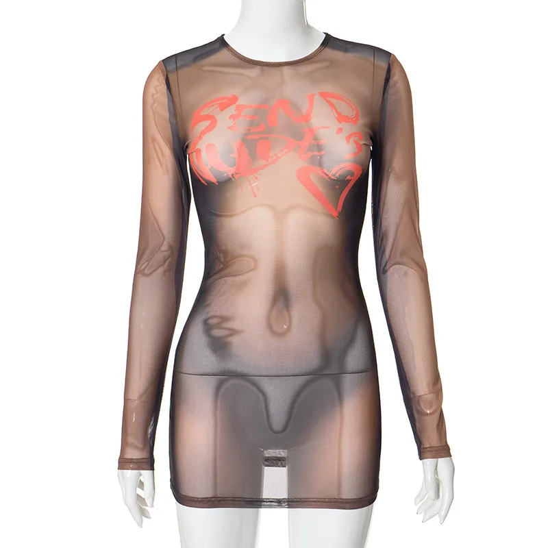 New fashion and personalized print perspective long sleeved buttocks wrapped dress
