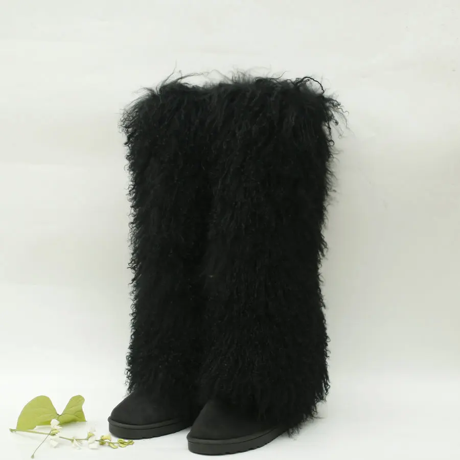 wholesale 50cm white real black mongolian fur upper long boots for women with heel and fur tall fur boots