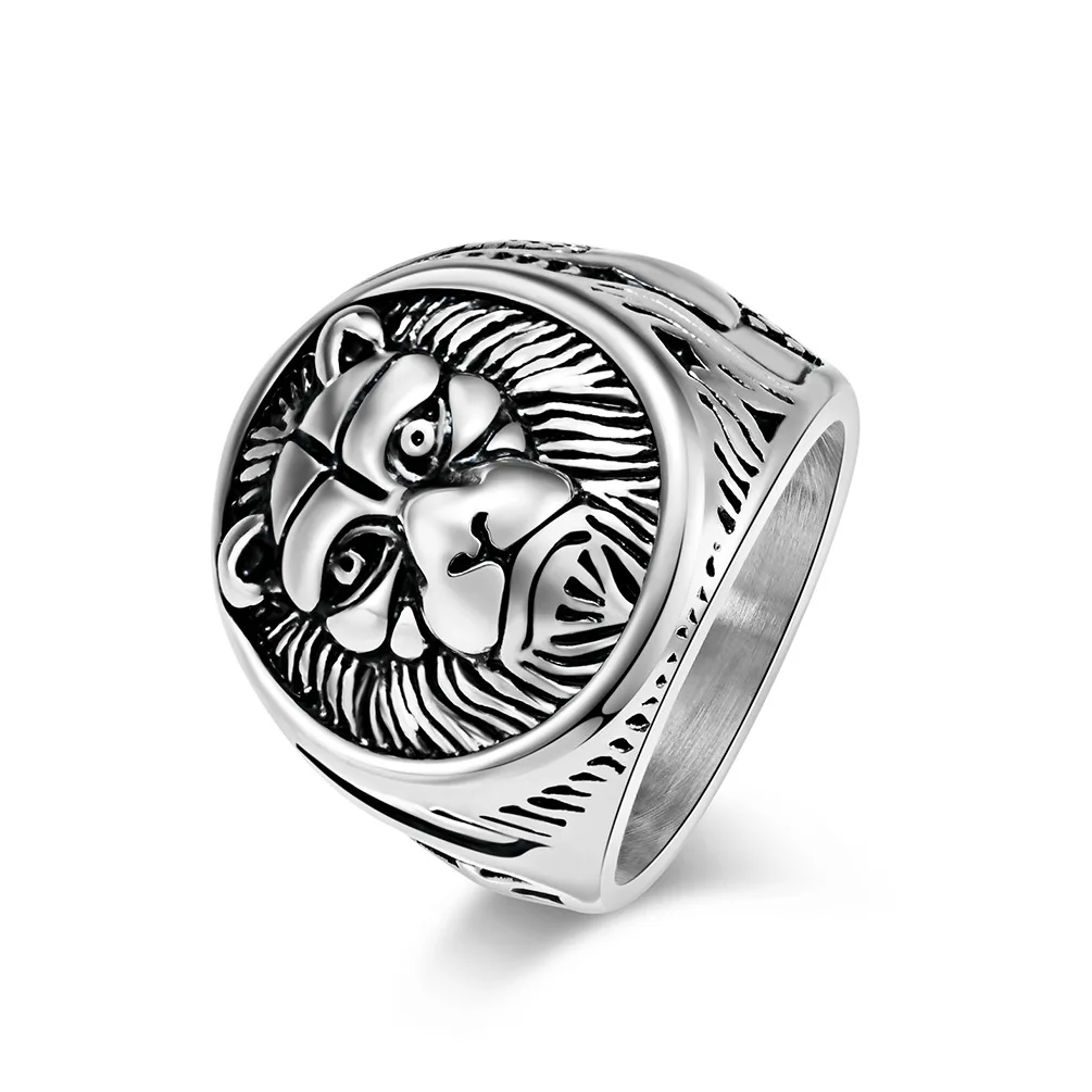 Hip Hop Round Flat Top Animal Pattern Rings for Men 18K Gold Plated Stainless Steel Lion Head Relief Finger Rings