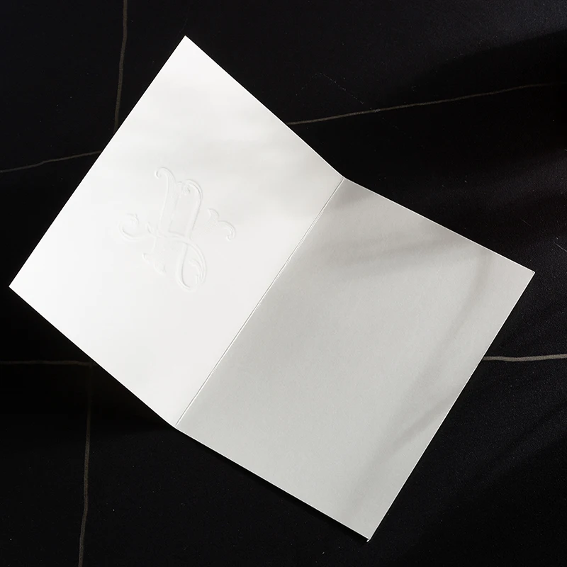 Custom stylish embossed cards texture paper wedding invitation folding cards black foil printing wedding menu card