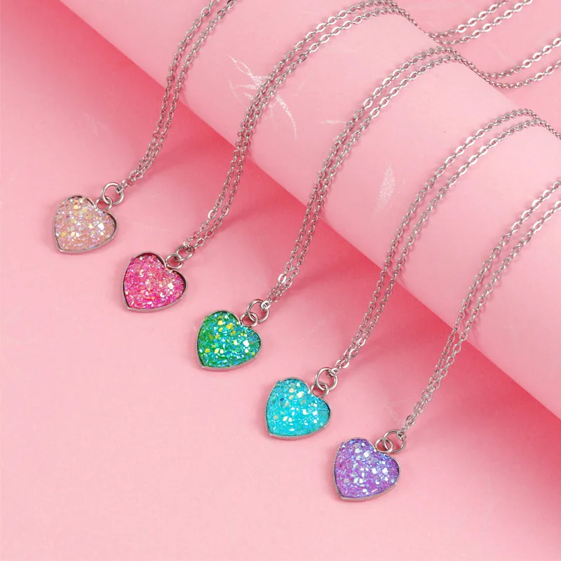 Dainty Silver Plated Stainless Steel Multicolor Druzy Heart Pendant Necklace Jewelry