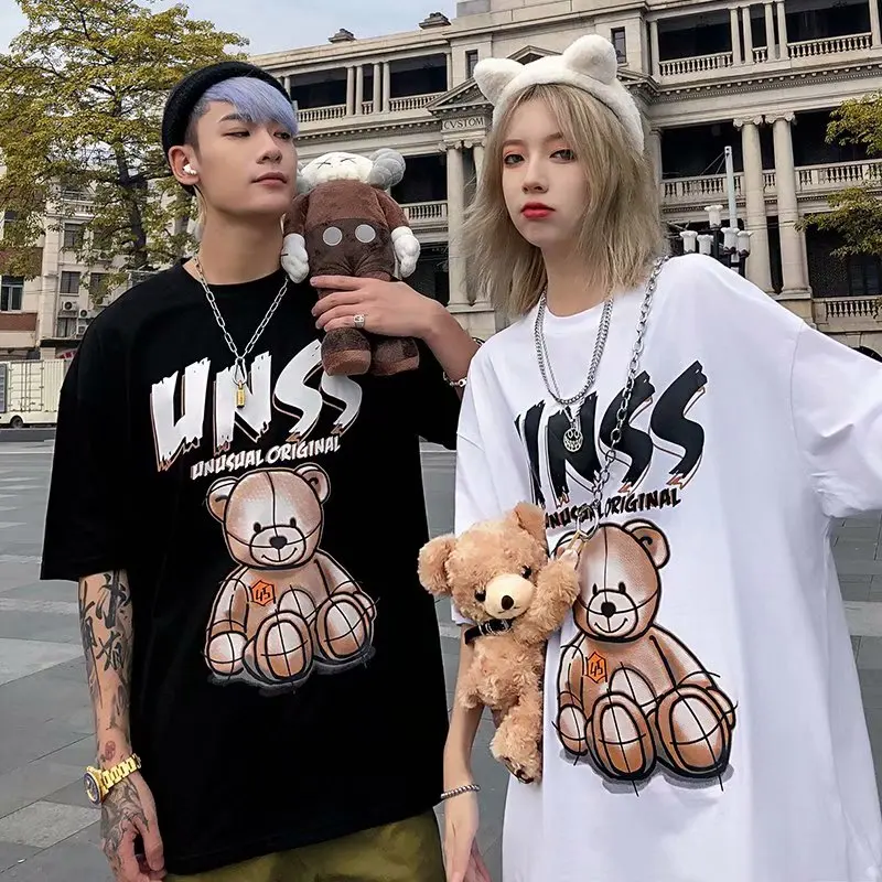Loose Custom Couple shirt Short Sleeves Print Trend Cartoon Summer OEM Fashion T Shirts Men Casual Printing Bear t shirt