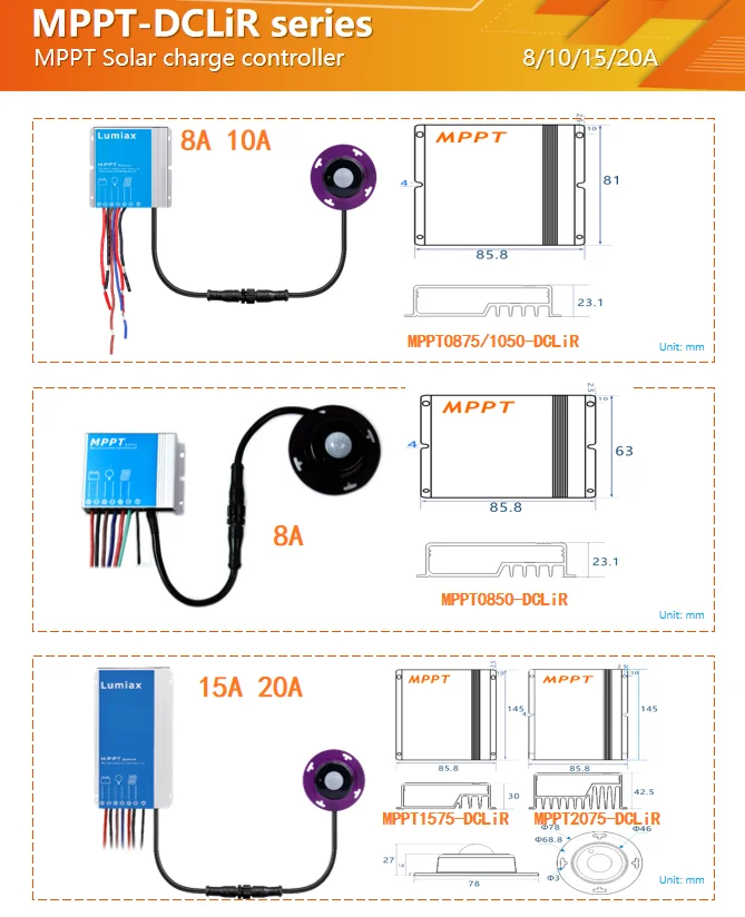 8A 12V Lithium battery mppt boost solar charge controller with PIR motion sensor