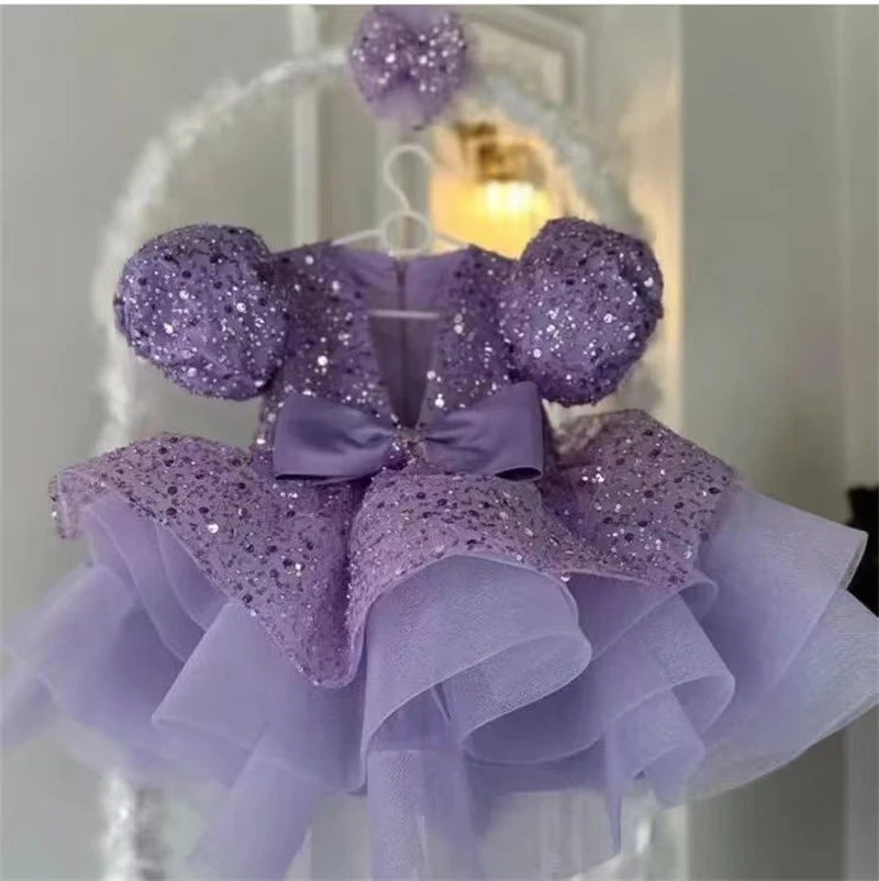 2024 Newest Princess Bubble Sleeve Sequin Puffy Dress Kids V-Neck Purple Ball Gown Baby Girls Frock Party Evening Dresses