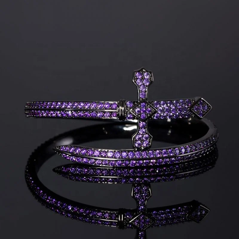 Stylish Iced Out Purple Cz Cubic Zirconia Black Gold Hip Hop Sword Bangle Bracelet