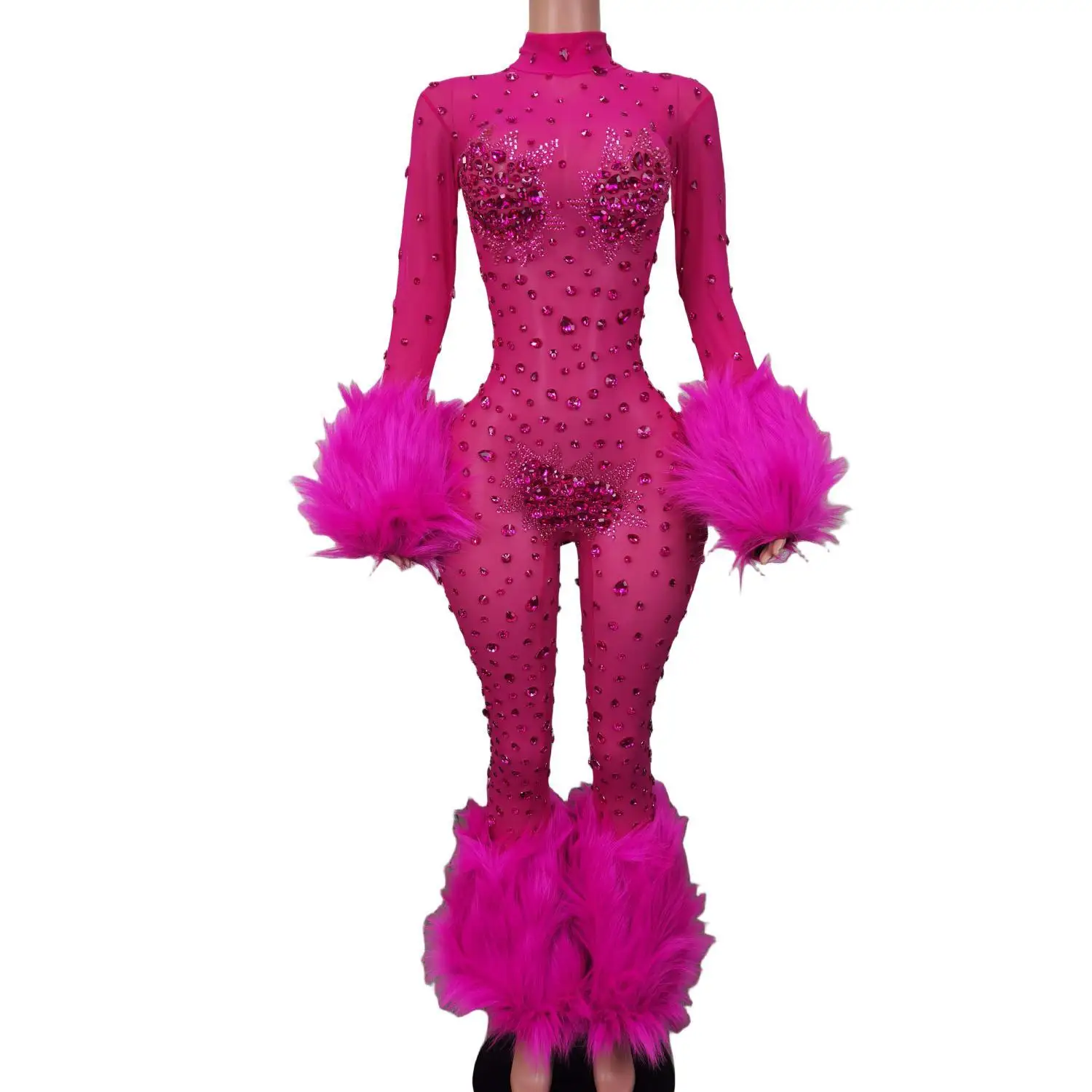 Sexy Rhinestone Feathers Bodycon Rompers Plus Size Singer Dancer Bodysuits Stripper Festival Clothing Women Club Party Jumpsuits