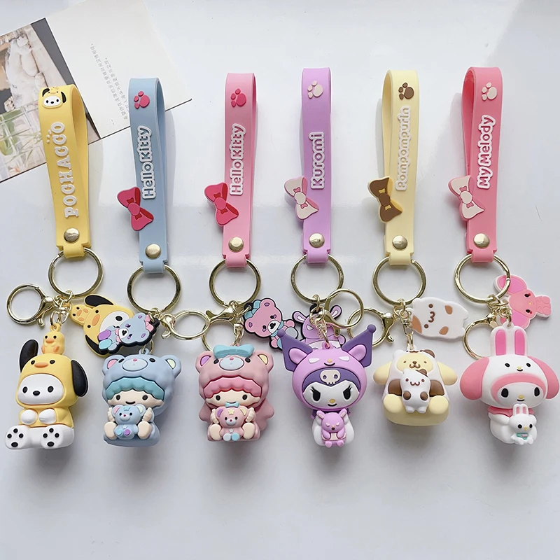 Lovely Soft Rubber Doll Pendant Key Ring Cute Kuromi Melody Pochacco Twins Purin Dog Ear Dog  Keychain Car Widget Accessories