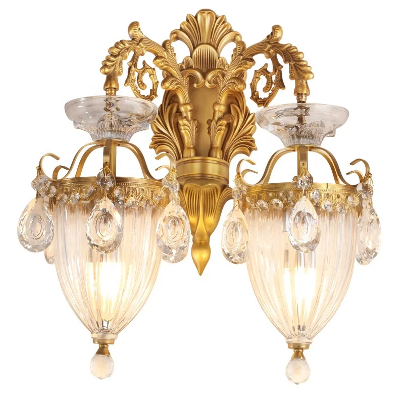 E14 Gold Victorian 2-Light Wall Lamp Vintage Crystal Glass Decorative Fancy Luxury Indoor Wall Light Bedside Crystal Light Decor