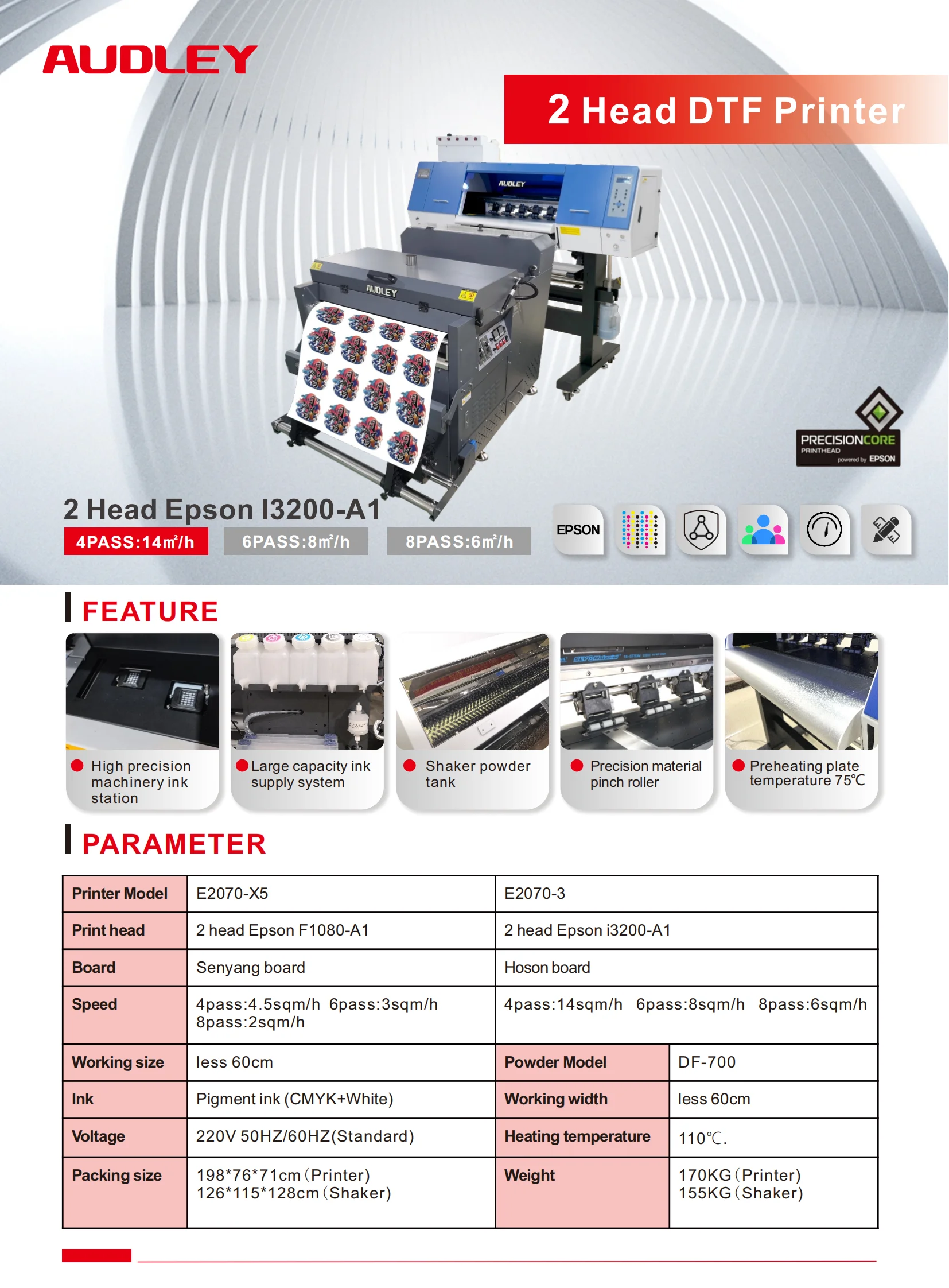 Audley 60cm i3200 DTF Garment Printer for Small Home Business Popular Powder Shaking Oven with A3 A4 A1 Dimensions Able Print A2