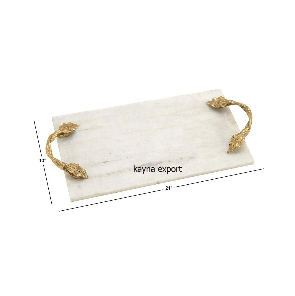 Modern gold finished leaf handle white marble tray