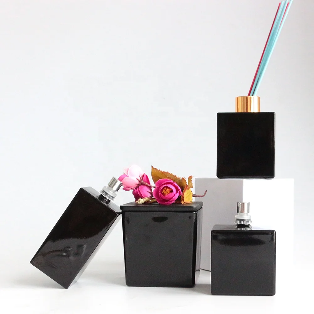 FENGJUN square smooth surface crimple top cube opaque black color perfume bottle refillable perfume bottle with metal cap
