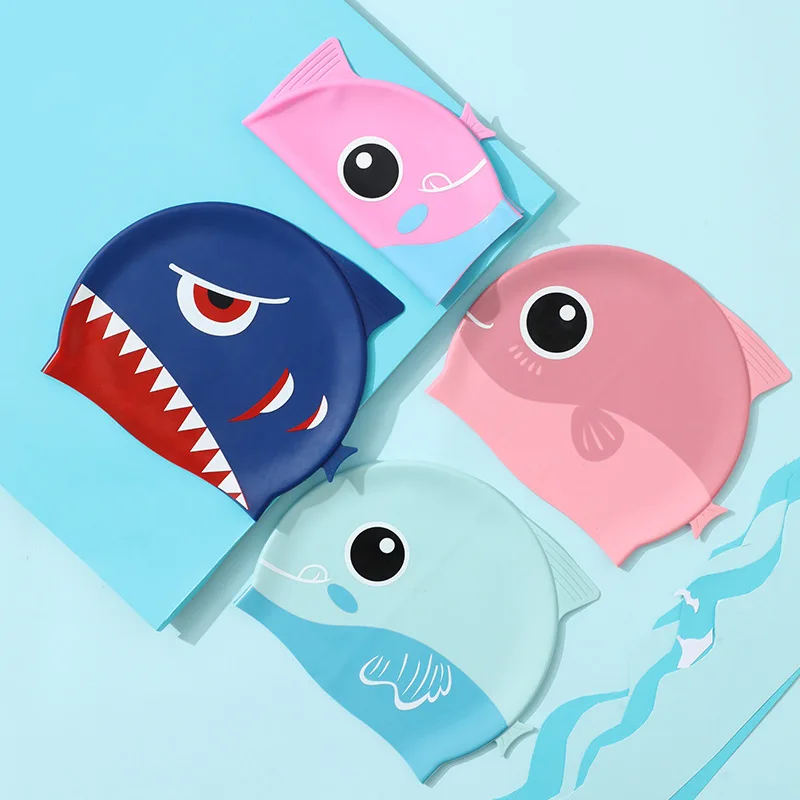 JSJM Wholesale Baby Swim Cap Comfortable Waterproof Cartoon Swim Cap Silicone Swimming Cap for Kids Child 8 Colors Jhcp500