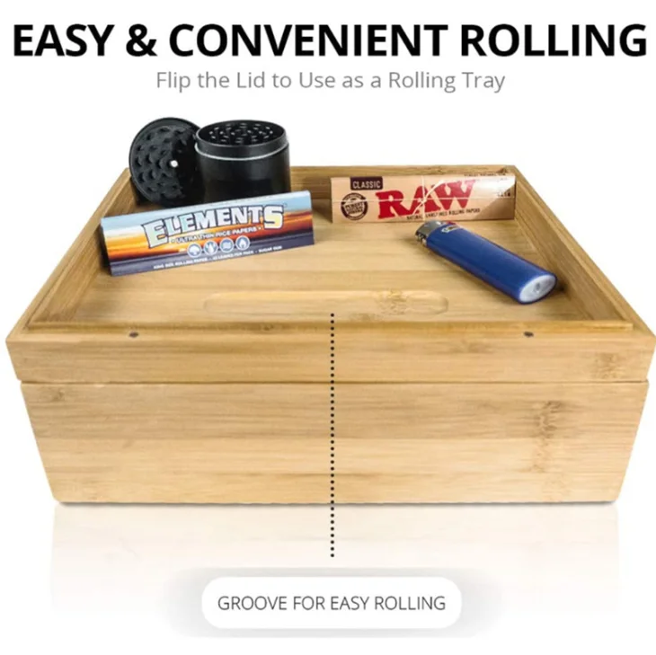 Large Bamboo Box with Ample Storage Space to Organize Herb Accessories Rolling Tray Stash Box with Rolling Tray Lid