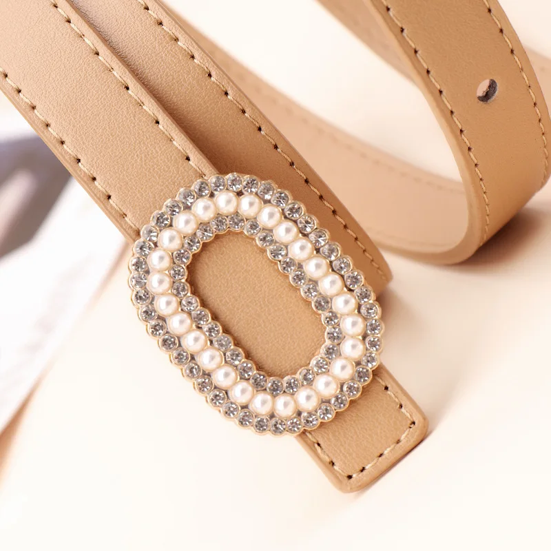 Women Jeans Luxury Fashion Waist Belt Lady Trend Oval Alloy Buckle Crystal Pearl Decoration Pu Belt