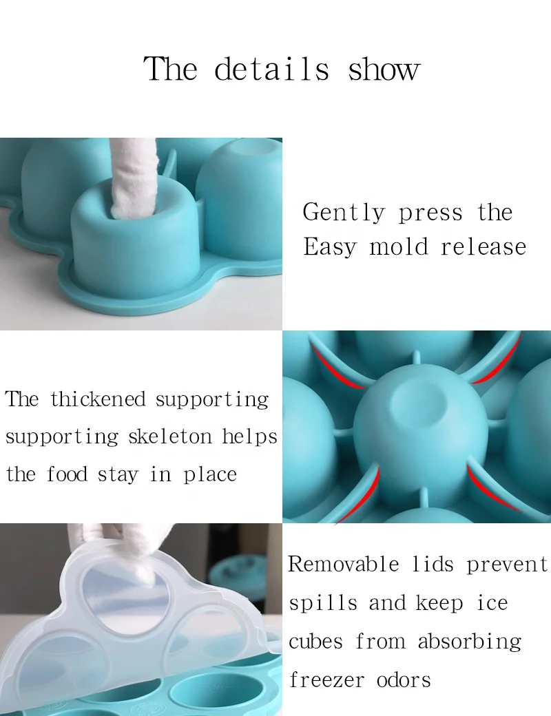 KingKam Flexible tray silicone large size customize logo round ice cubes molds with lids store baby food tray