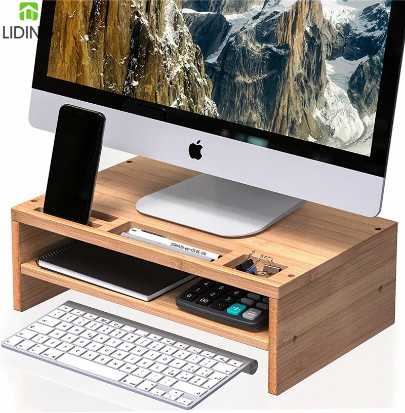 Bamboo Office Laptop Computer Monitor Bamboo Laptops Stand Desk Monitor Riser Stand with Storage Organizer for Computer