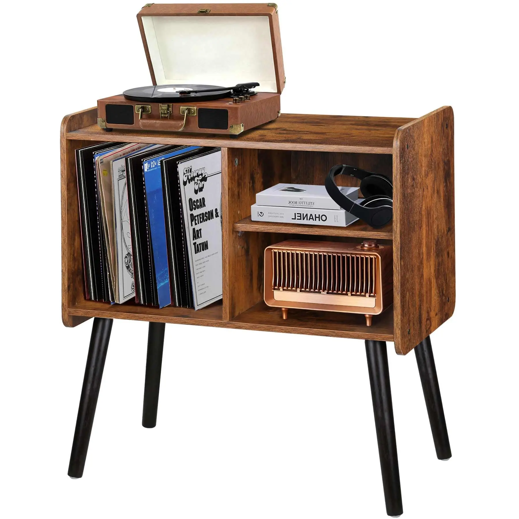 Wooden Record Player Stand Vinyl Record Storage Holder Table with 4 Cabinets Metal Vinyl Record Organizer Stand