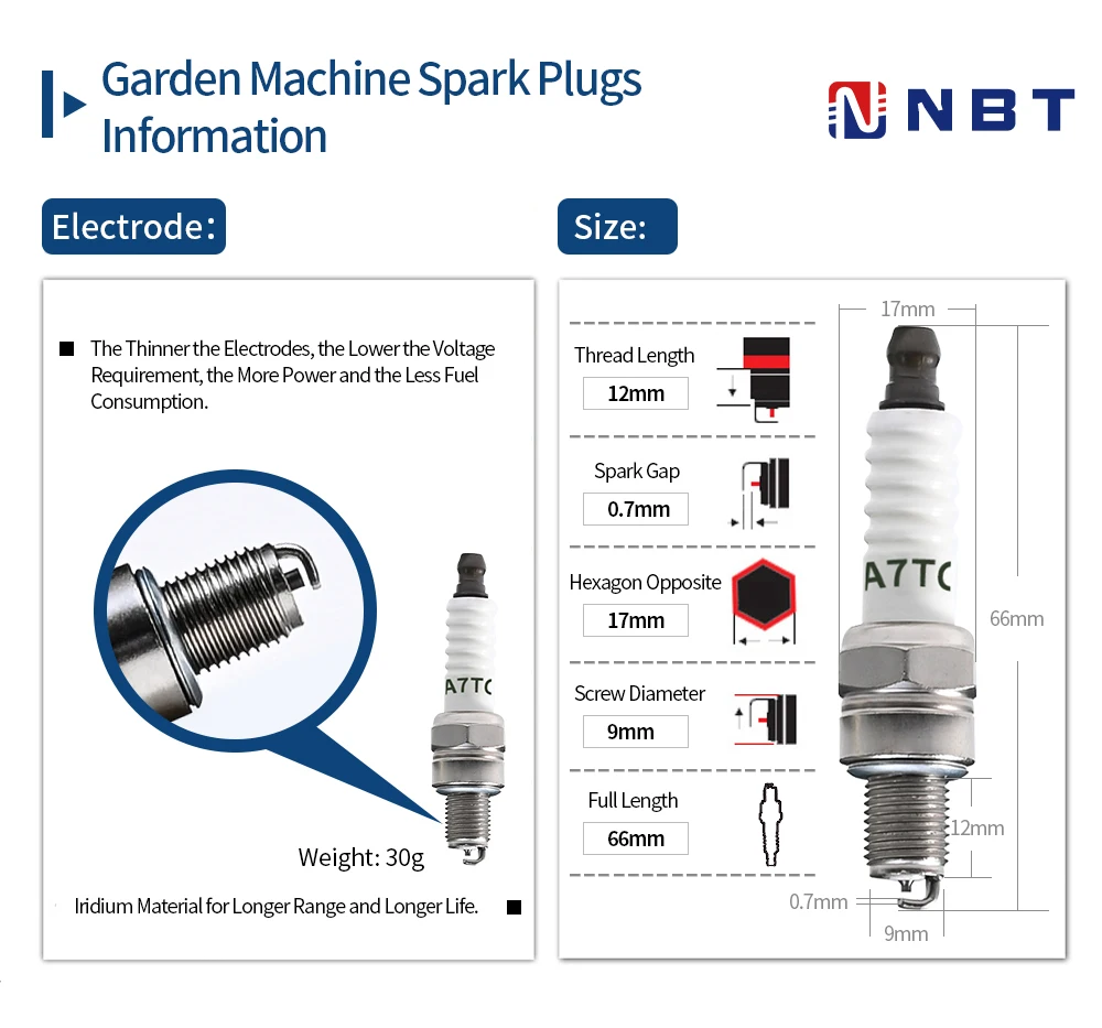 NBT Factory Car Parts Wholesale Double Iridium Spark Plug For 139 Lawn Mowers Longer Life Garden Machine Spark Plugs A7TC