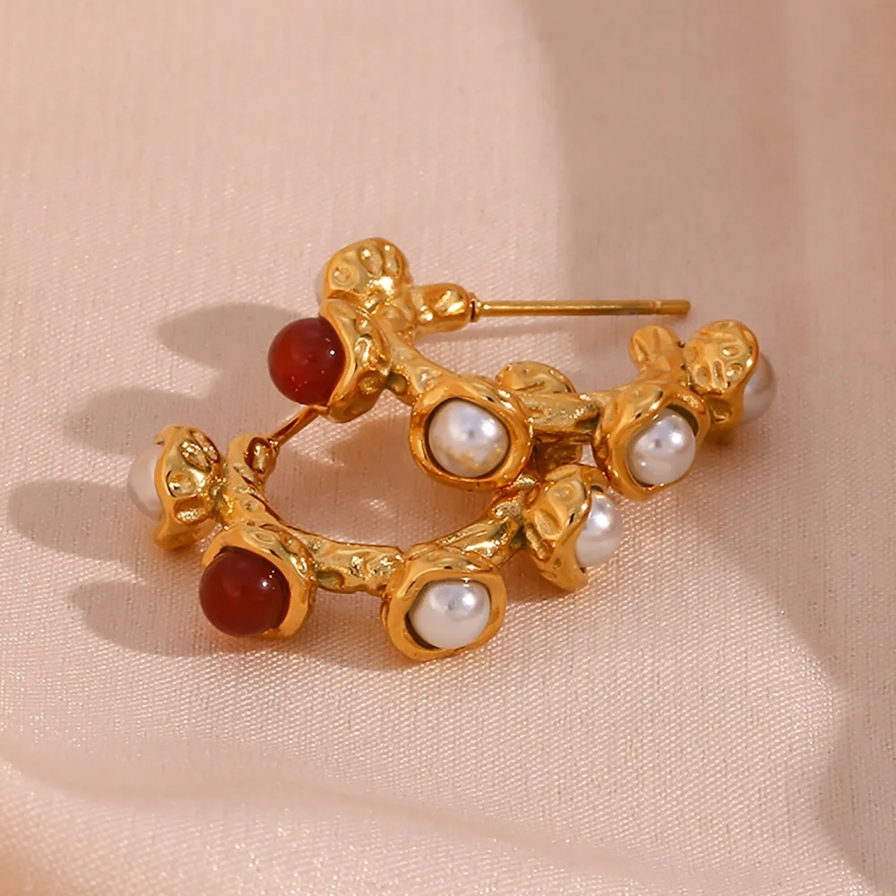 2023 New Arrivals Ruby Stud Earrings 18K Gold Plated Stainless Steel Pearl Bulk Wholesale Earrings