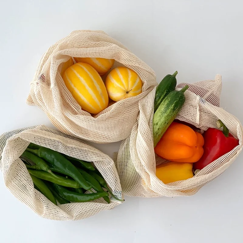 Custom Design Reusable Washable Vegetable Grocery Organic Cotton Net Mesh Fruit Packaging Shopping Drawstring Bag