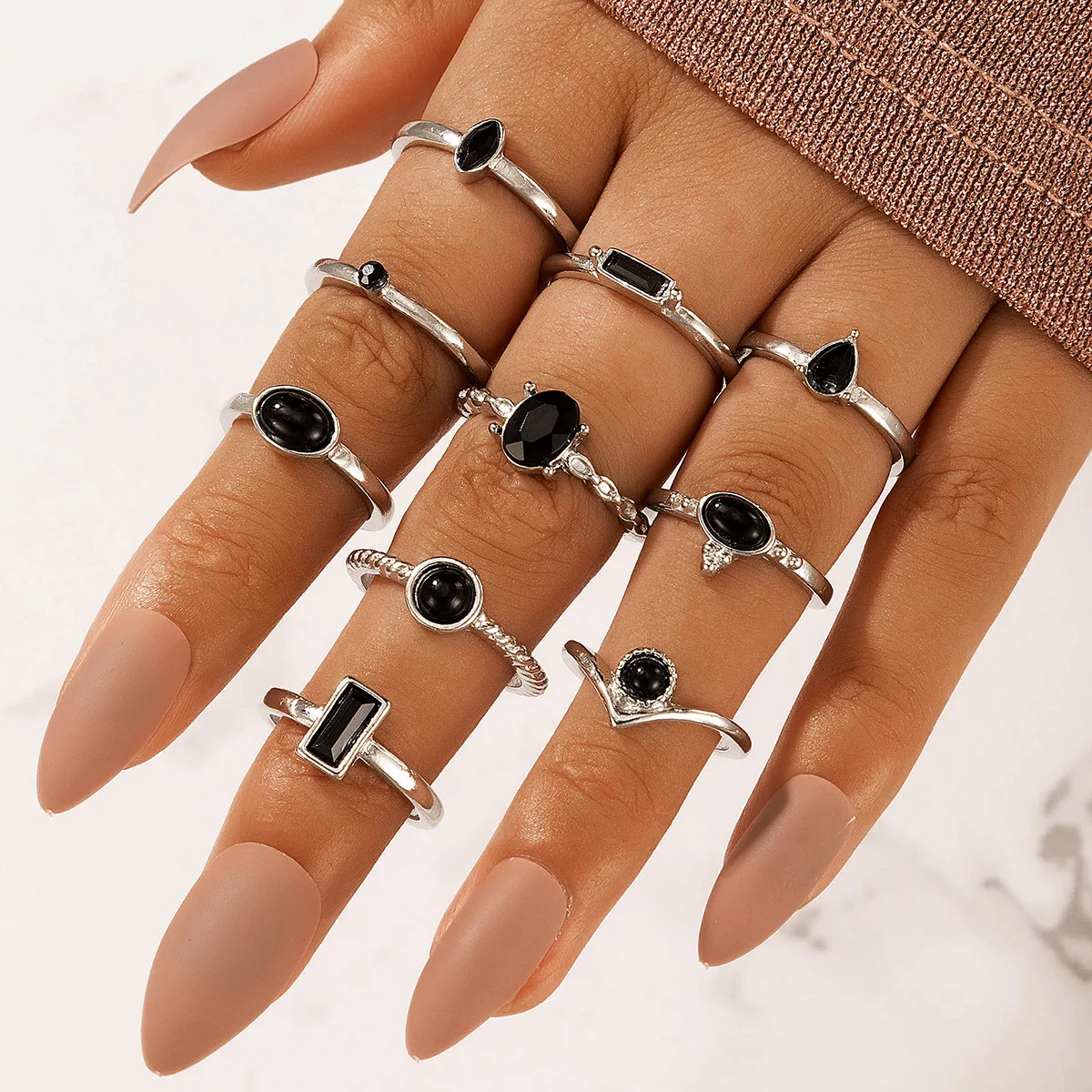 10Pcs Vantage Punk Ring Sets Black Diamond Rings For Women
