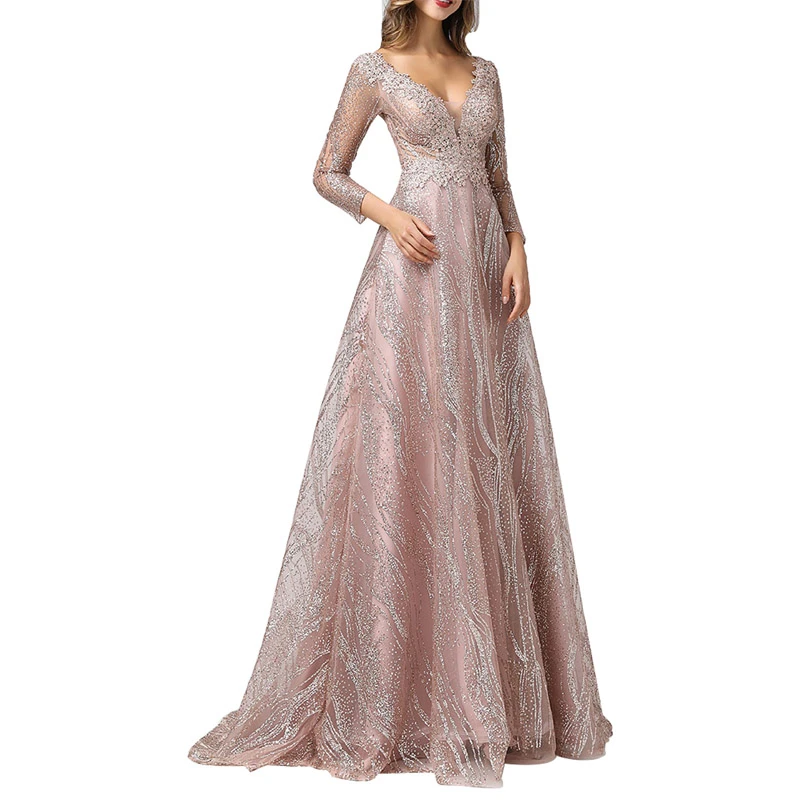
PR0000380 2020 new pink evening dress long sleeve V-neck Glitter Mesh dress evening gown 