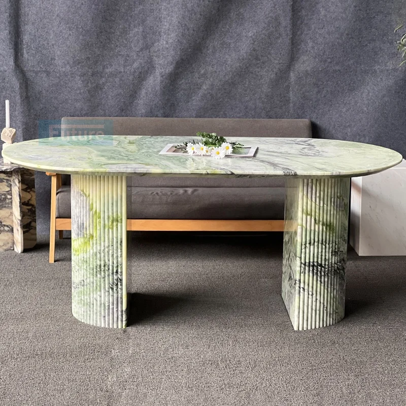 Elegant Modern 6 Seater Oval Table Living Room Table Fashion Green Marble Dining Table With Semi-Round Legs