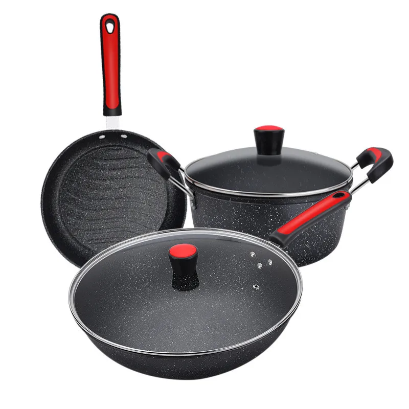 Refined iron 3 piece casseroles pots pans Pressed colorful non stick cook ware kitchen non stick cookware set