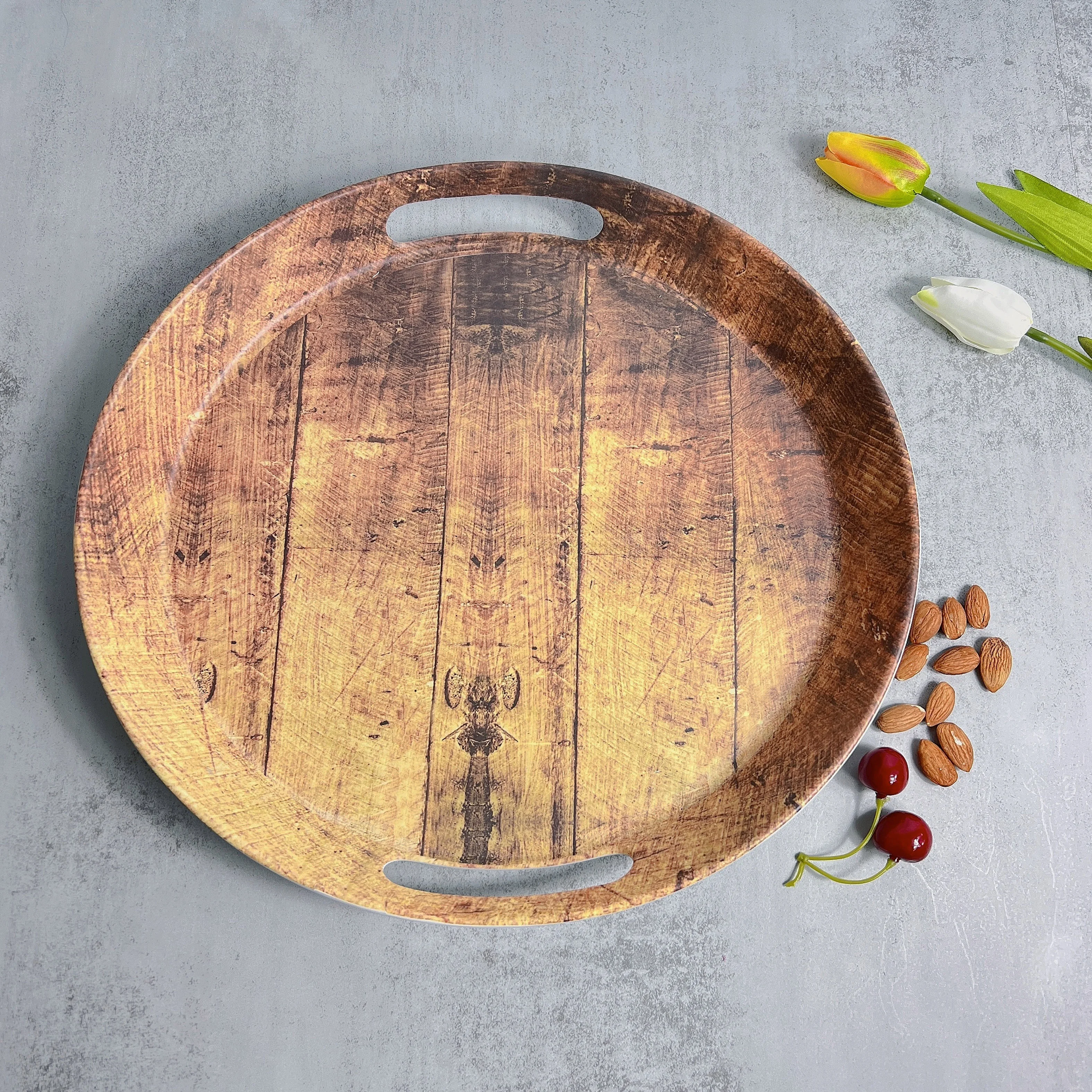 Wholesale melamine  plastic  serving tray handles   round trays  with handle  wooden style print Food grade