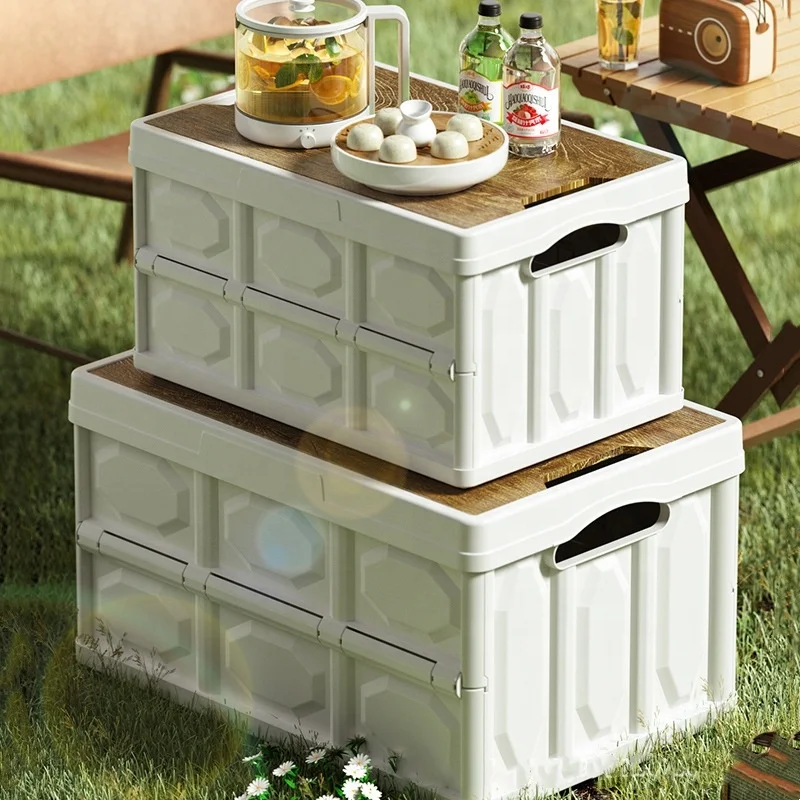 Outdoor 30L 50L Car Luggage Foldable Grocery Storage Basket Folding Wooden Lid Camping Box