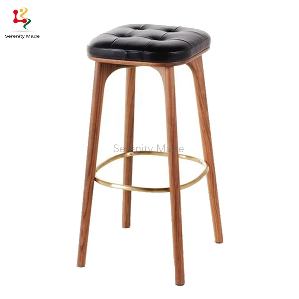 Industrial PU leather Seat Counter Stool for Cafe Restaurant Black Timber Bar Stool