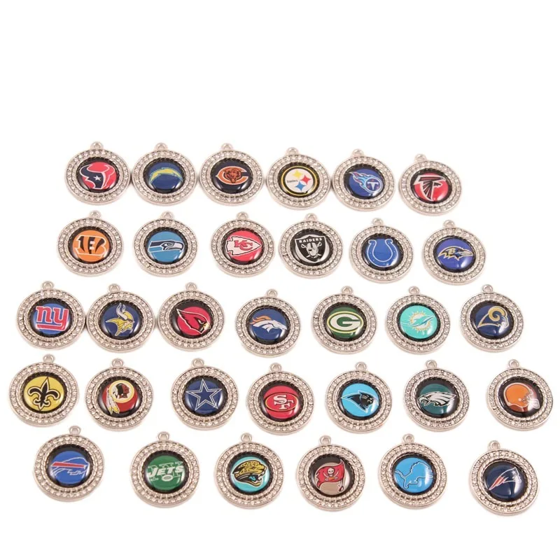 Hot selling fashion DIY 32 American football team logo ornament accessories round rhinestone pendant NFL charms