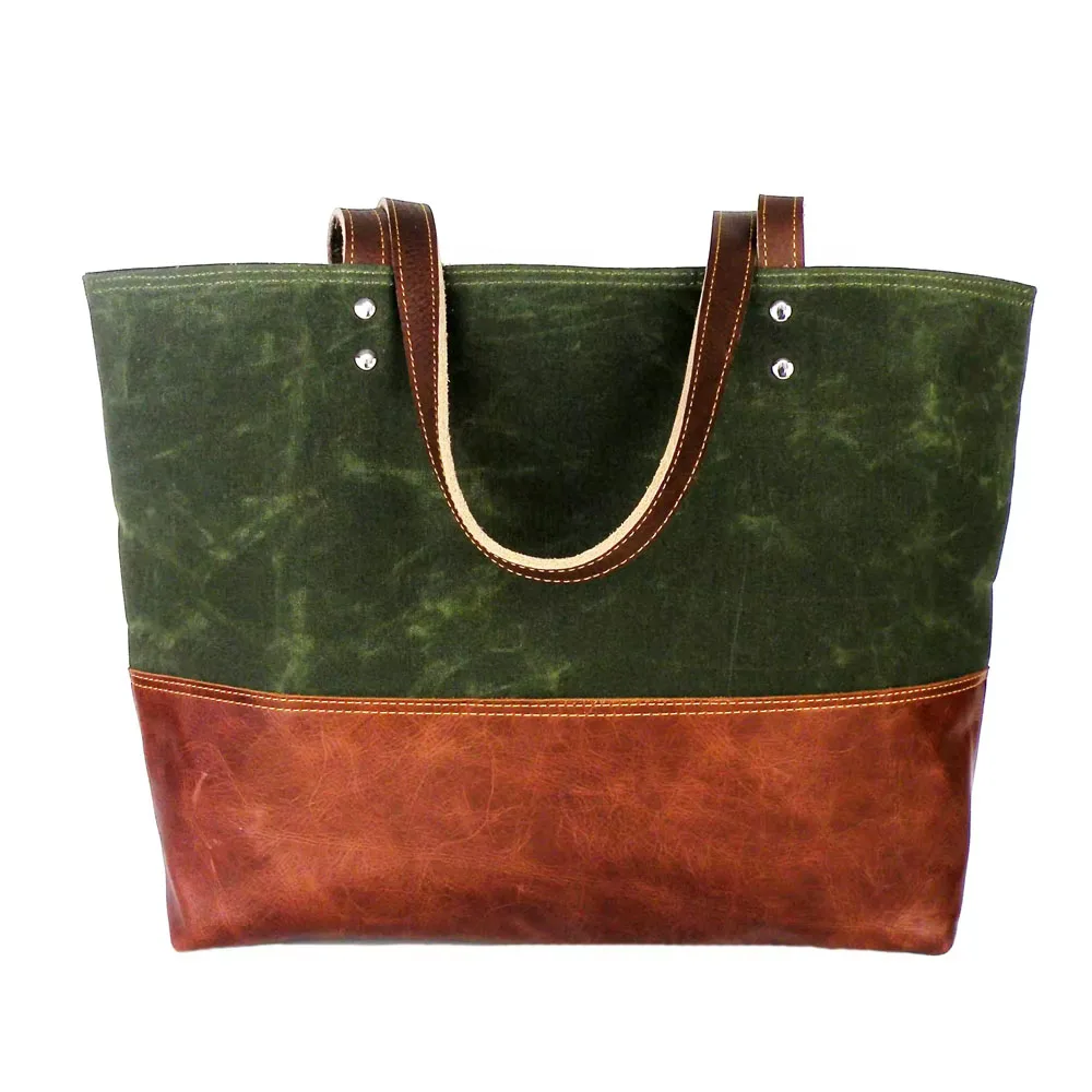 Custom Logo Color Extra Large Carryall Shoulder Bag Waxed Canvas Travel Tote Bag Leather Handle Waxed Canvas Tote Bag