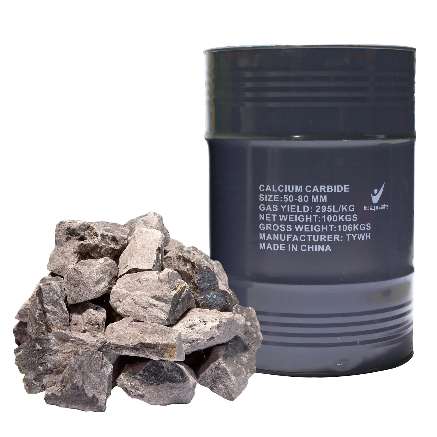 China Tywh Factory 80-120mm Cac2 Calcium Carbide 50/100Kg Drum Acetylene Gas High Yield 295L/Kg