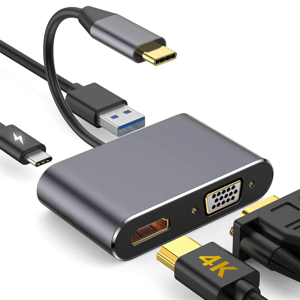 Тип C к HDMI VGA USB3.0 PD 4 в 1 адаптер USB-C 3,1 до 4K HDMI HDTV VGA 1080P PD быстрое зарядное устройство для мобильного телефона ноутбуки