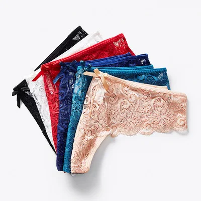 Ladies thong sexy low waist T pants high-end transparent lace hollow girls panties triangle cotton crotch thong