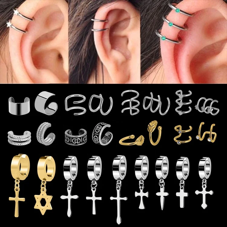 Wholesale 316 Stainless Steel Gothic Ear Clip Dangle Earrings Men Women Punk Cross Drop No Piercing Earrings