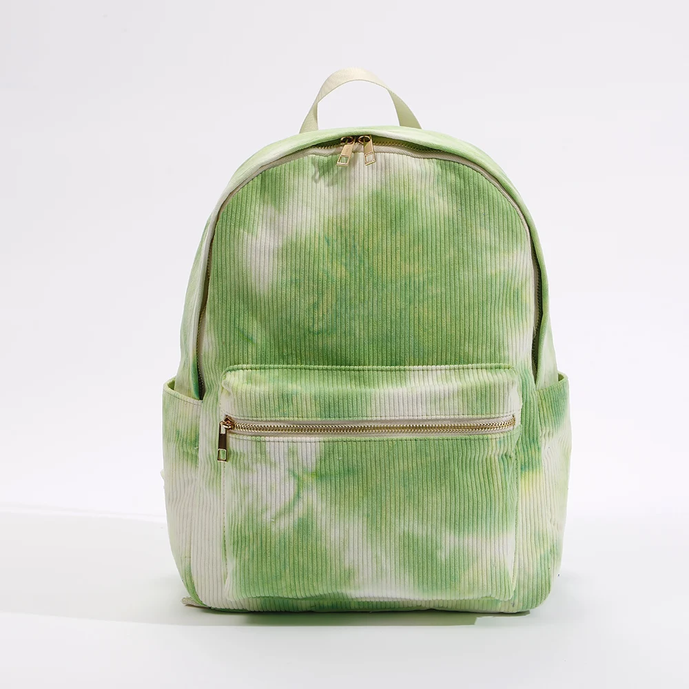 Outdoor Hiking Student Kid School Backpack Lunch Bag Bike Toy Bag Laptop Tie Dye Double Shoulder Strap Green Corduroy Backpack