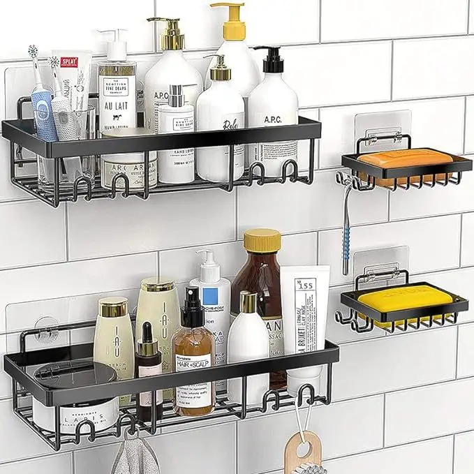 Wall Mounted Shower Caddy Adhesive Organizer Black Metal Stand Towel Racks Storage Bathroom Corner No Drilling Organizer Toilet