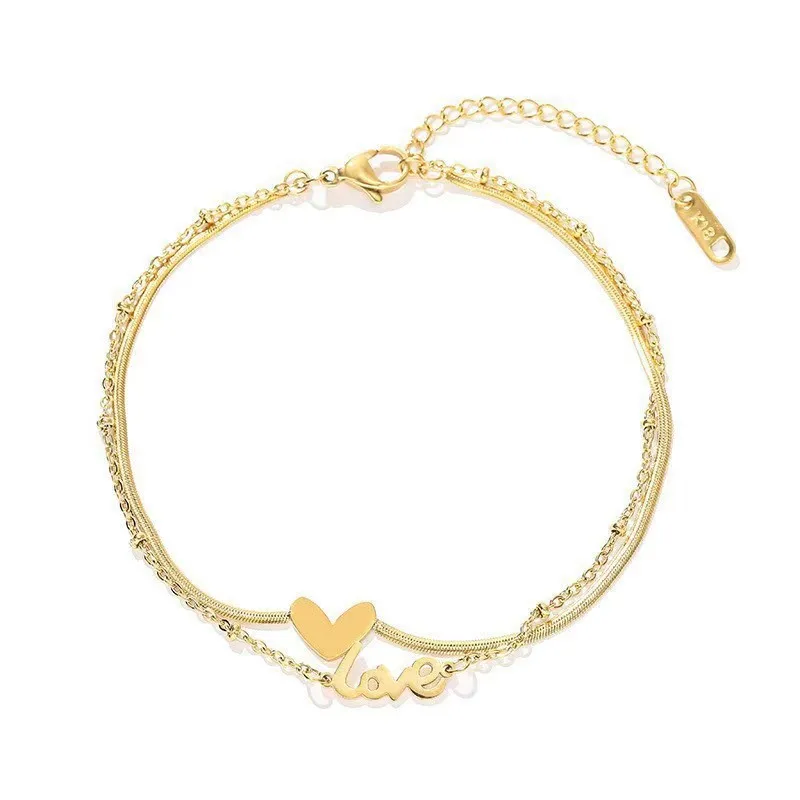 Luxury Double Layer Heart Beach Anklet for Girls Stainless Steel with Waterproof Gold Plating Fine Jewelry