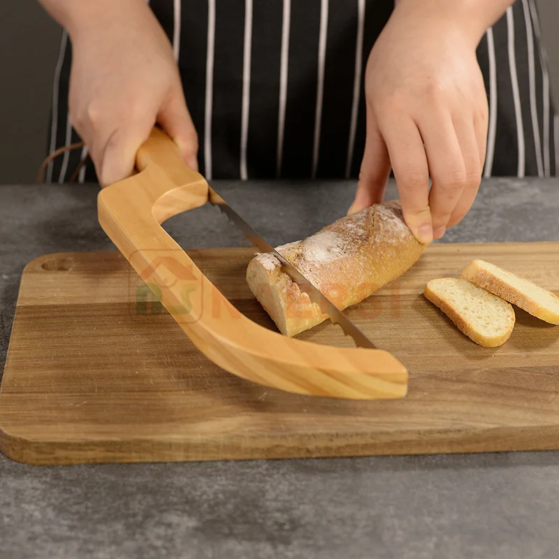 High Quality Wooden Bread Bow Knife Serrated Bread Knife Comfortable Oak Wood Handle Bow Knives Bread Slicer