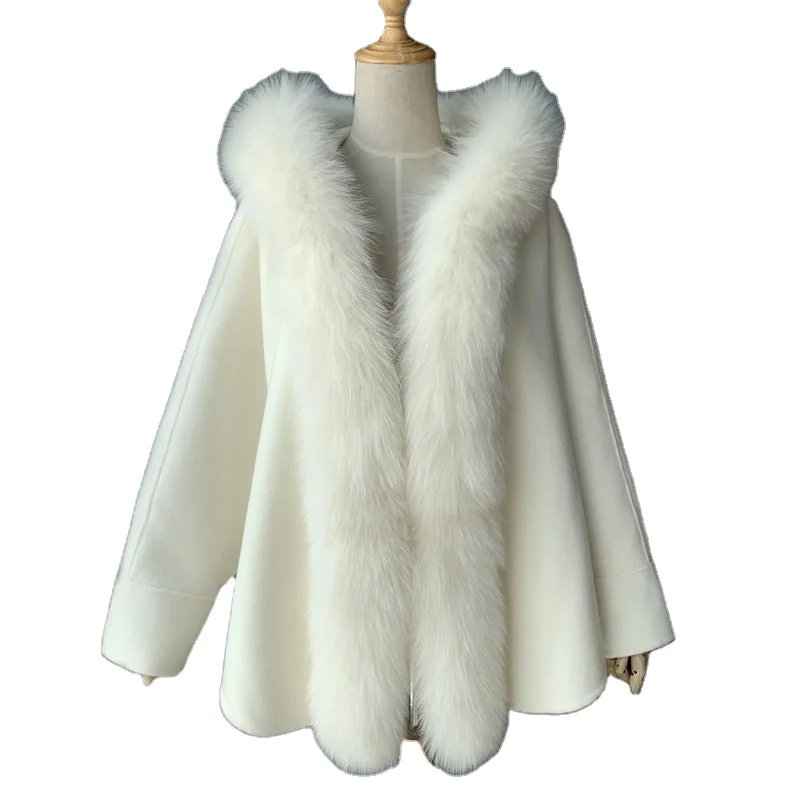 Women genuine wool fur coat winter female lady blet elegant fox fur collar jacket overcsize cape CK001