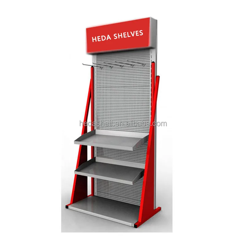 Storage Shelves Red Display Racks Supermarket Store Shelves Metal Display Stand for Tools and Hardware Pegboard Display