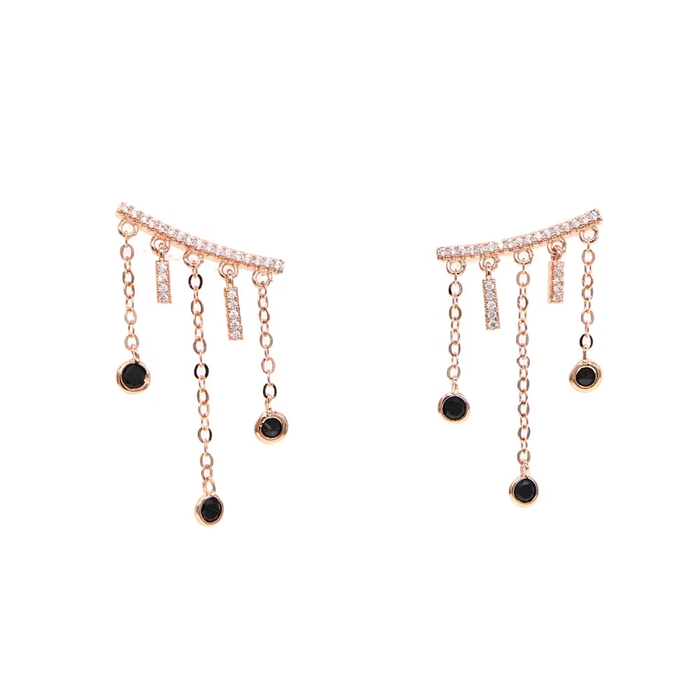 top selling fashion elegant jewelry factory wholesale 18k gold black cz tassel chain fashion earring