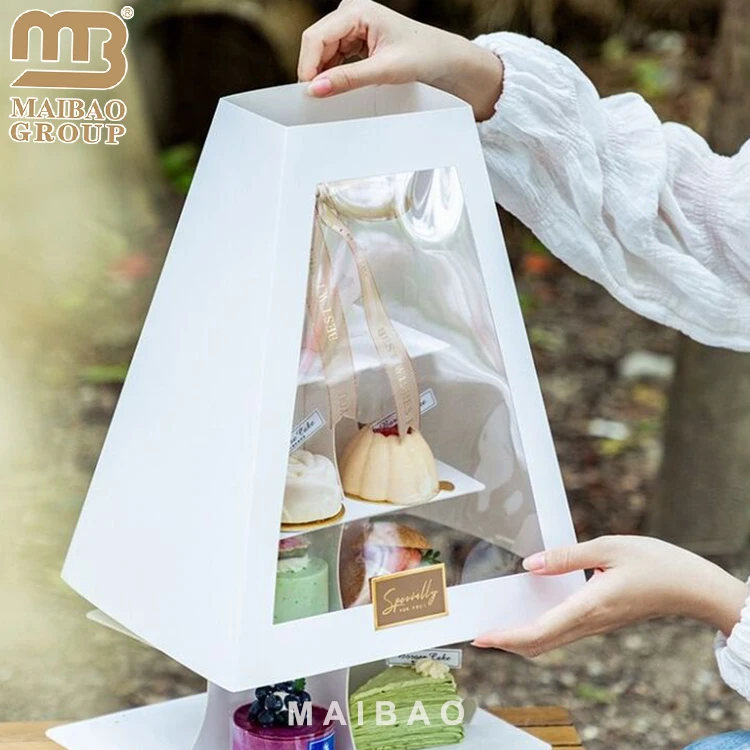 Wholesale Cheap Dessert Cake Stands Wedding Food Packaging Box With Handle Custom Printed Afternoon Tea Stand Tall Box For Cake