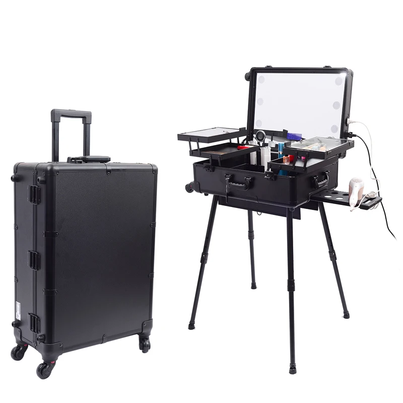 Keyson Pink Professional Trolley Beauty Case On Wheels Aluminum Makeup Train Case Trolley Professional Rolling Train Case