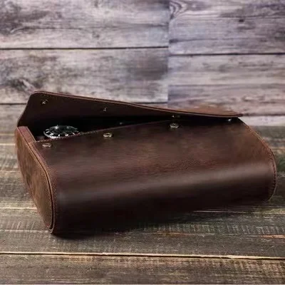 Retro crazy horse cow leather watch storage box three removable travel convenient button protective cover